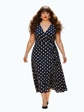 Order Plus Navy Polka Dot Wrap Maxi Lined Dress Size 3XL